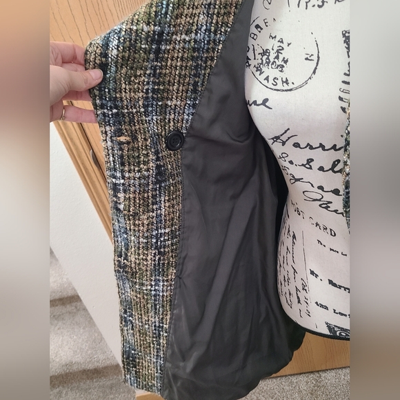 Blue Green Twill Tweed Plaid Preppy Double Breasted Button Pea Coat Fall - Picture 3 of 3